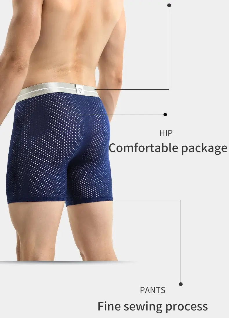 Men's extra-long sports boxer briefs in navy ice-silk mesh with white waistband, Simples Market, large size