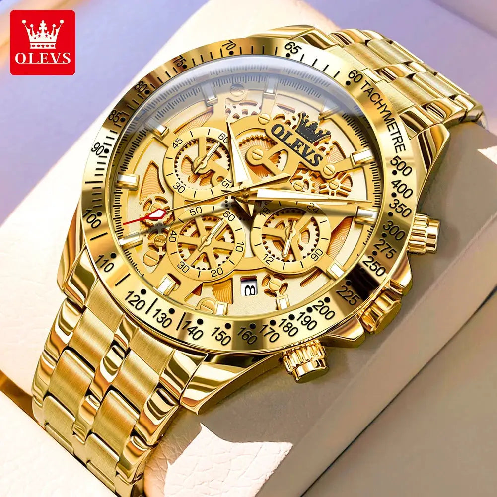 Gold men's skeleton chronograph wristwatch by OLEVS with stainless steel band and tachymeter bezel