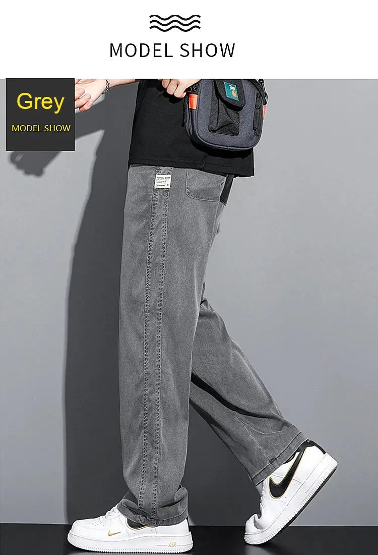 Men's grey lyocell jeans, loose straight fit with drawstring elastic waist, Simples Market plus size M-5XL