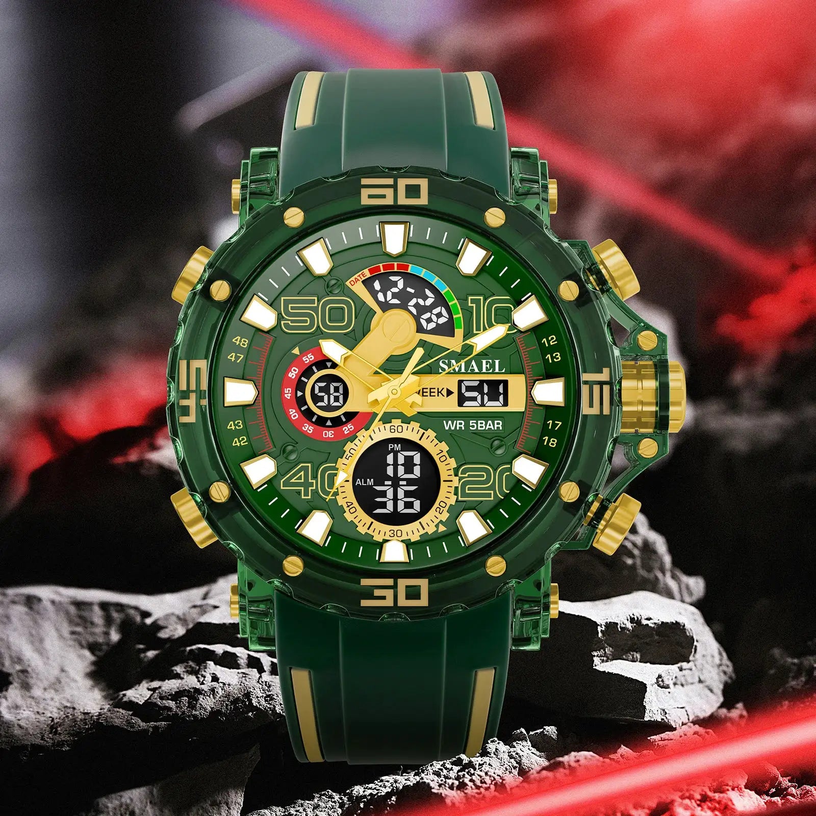 SMAEL green and gold military-style men's sport watch with digital-analog dial and multiple subdials