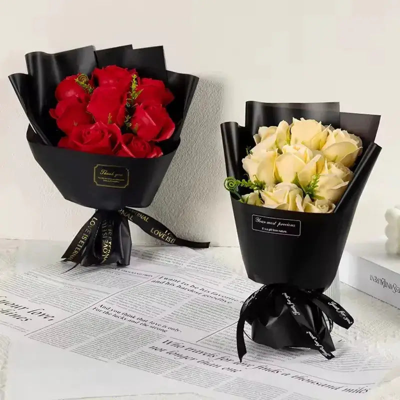 Simples Market 9-Head Soap Rose Bouquet, red and cream artificial roses in black wrap (2 bouquets)
