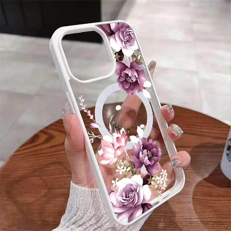 Lavender pink floral print iPhone wireless charging case with clear frame; MagSafe compatible