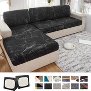 Geometric print furniture protector for corner sofa; Simples Market black marble-pattern stretch slipcover.