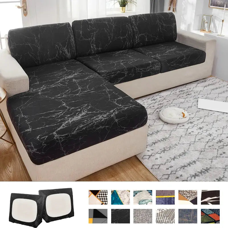 Geometric print furniture protector for corner sofa; Simples Market black marble-pattern stretch slipcover.