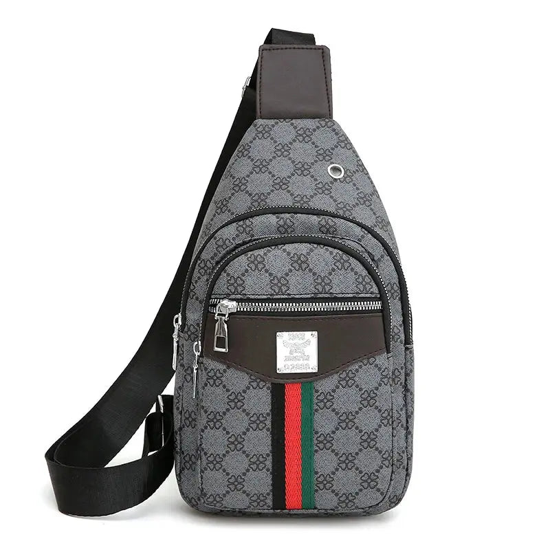 Men's crossbody messenger bag in gray patterned fabric with front zip pocket and earphone hole
