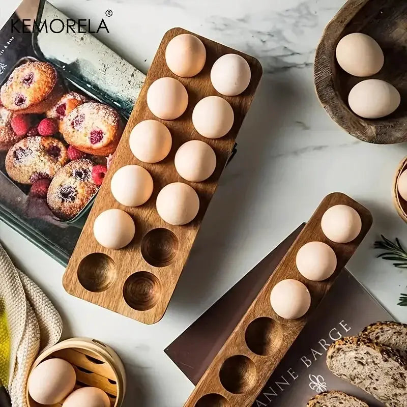 Kemorela Modern Wooden Egg Storage Box With Multi Compartment Kitchen Organizer For Fresh Eggs