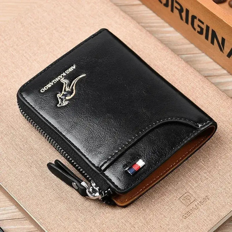 Men's black leather zip-around wallet with RFID protection, brown interior, small tricolor flag tag - Simples Market