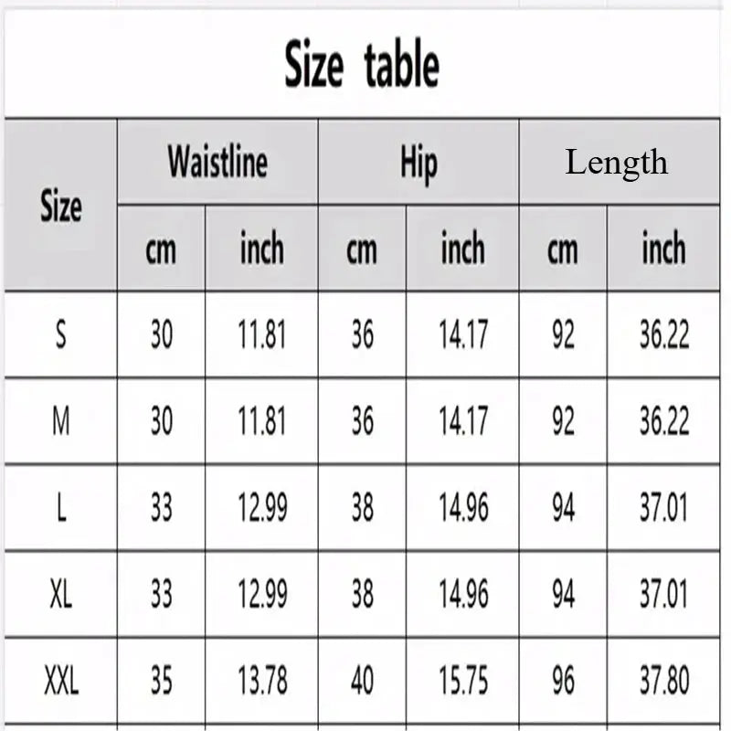 Simples Market Ultra High Stretch Denim Leggings size table showing waist, hip, and length for S–XXL