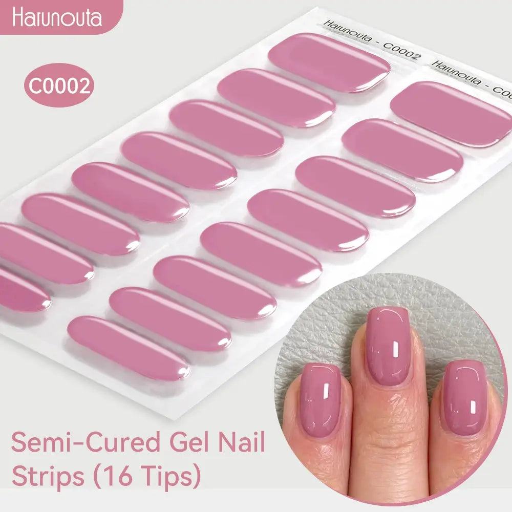 Semi-cured gel nail strips gradient auroras in pink mauve, Harunouta packaging, 16 tips