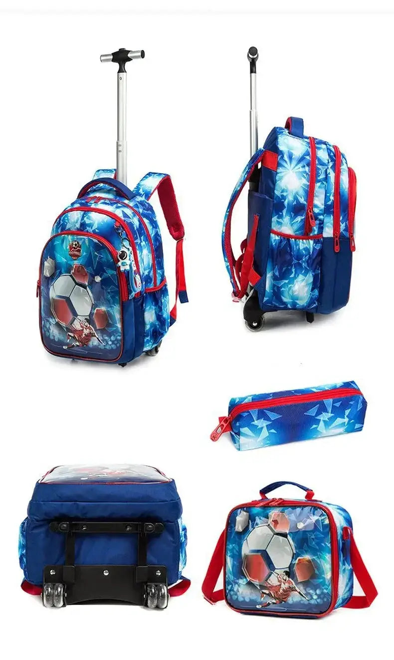 Simples Market children's blue rolling wheeled backpack set with football print and lunch box