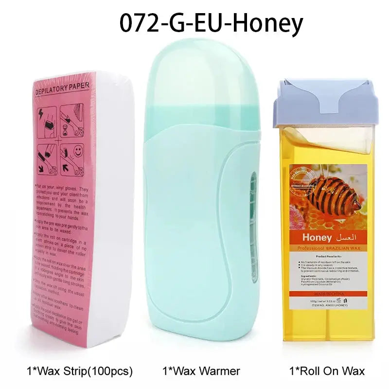 Wax warmer kit with light-blue warmer, 100 wax strips, and honey roll-on wax