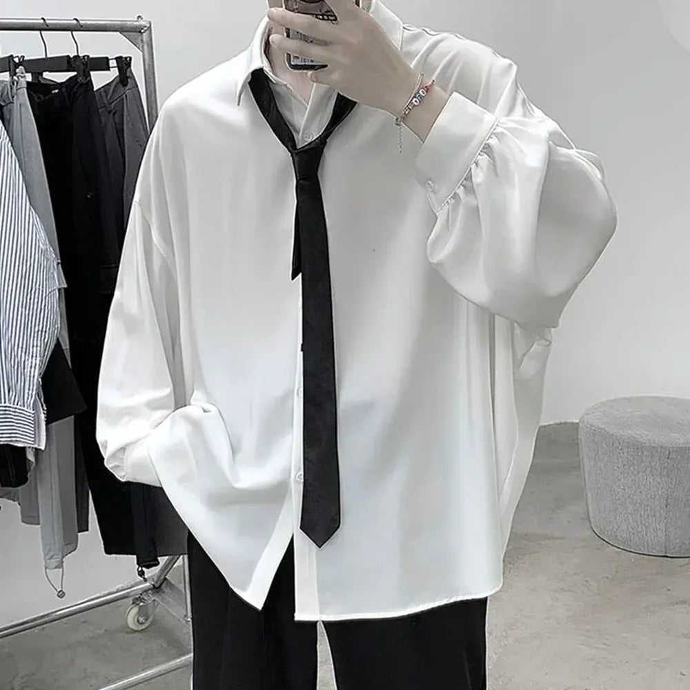 Simples Market white oversized long-sleeved men's shirt with black tie, casual Harajuku style.