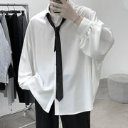 Simples Market white oversized long-sleeved men's shirt with black tie, casual Harajuku style.