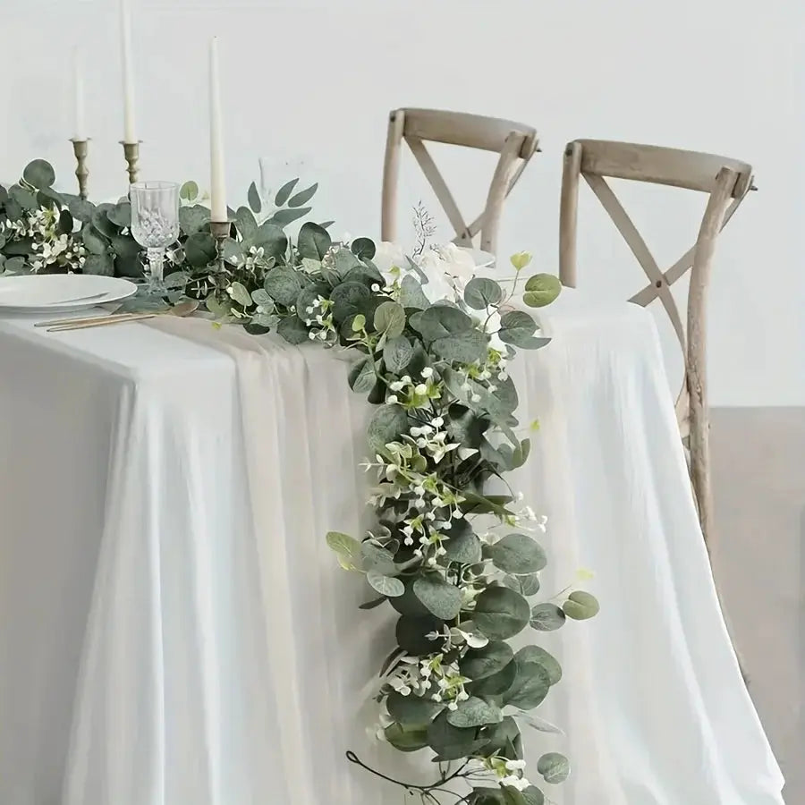 Lush 70.8 Inch Faux Eucalyptus Garland With White Flowers For Home And Holiday Decor Wall Hanging Yard And Party Accents