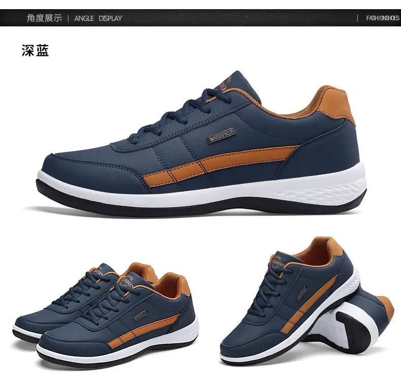 Men's navy blue leather sneakers with tan accents and white sole by Simples Market