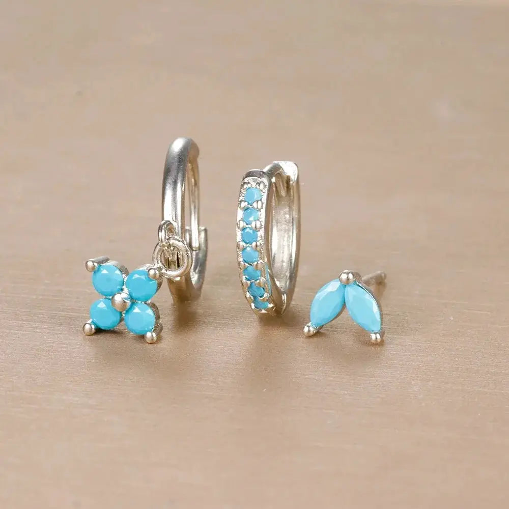 3Pcs Trendy Stainless Steel Flower Drop Earrings Set For Women Crystal Zirconia Dangle Hypoallergenic Piercing Jewelry