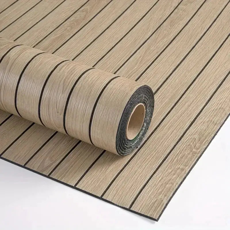 Self-adhesive wallpaper roll by Simples Market featuring a retro wood grain pattern in beige-brown tones