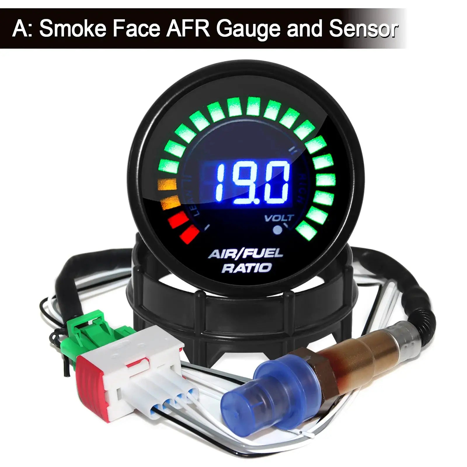 Air/fuel ratio gauge and voltmeter, 2-inch 52mm, blue LED display with green LED ring
