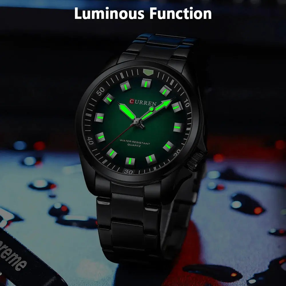 Curren 8451 men's wristwatch with black stainless steel band and green luminous dial