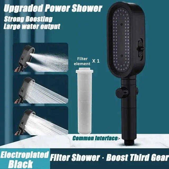 Simples Market high-pressure shower head with 3 spray modes and filter element, black electroplated finish.