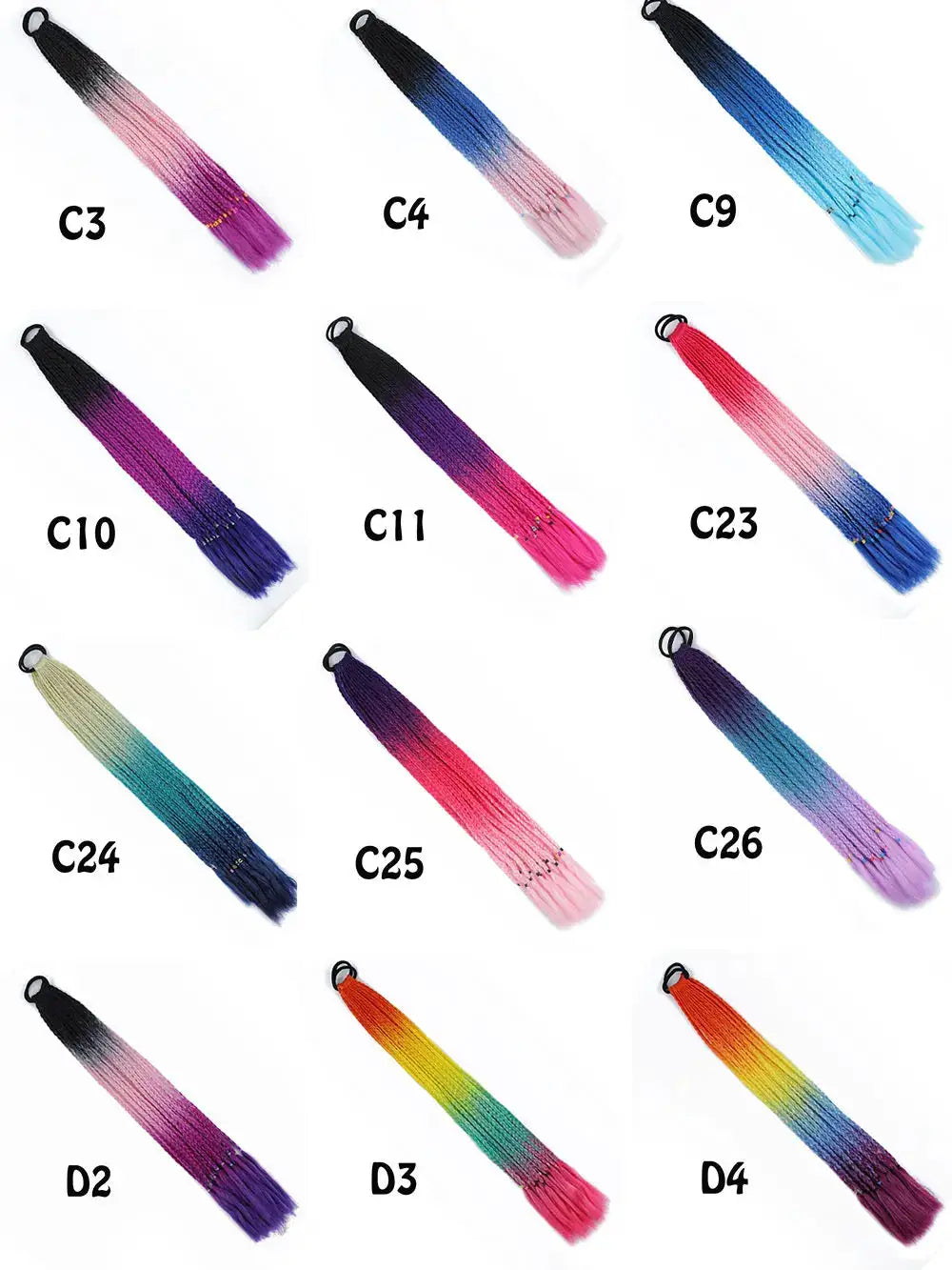 Synthetic gradient braided ponytail extensions with elastic band, 24 inches; Simples Market rainbow set of 16.