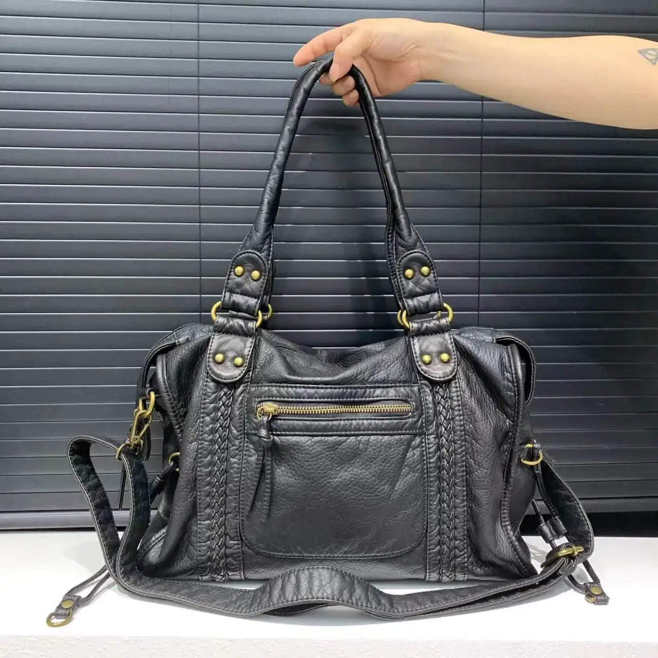 Y2K Spicy Girl leather handbag by Simples Market; black washed leather with double top handles, gold hardware, crossbody strap