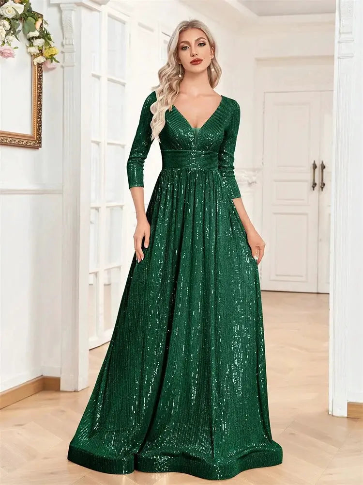 Luxury V Neck Long Sleeve Blue Sequins Formal Evening Dress Women Maxi