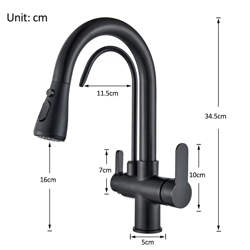 Matte black kitchen faucet by Simples Market with dual hot/cold handles and pull-out spray