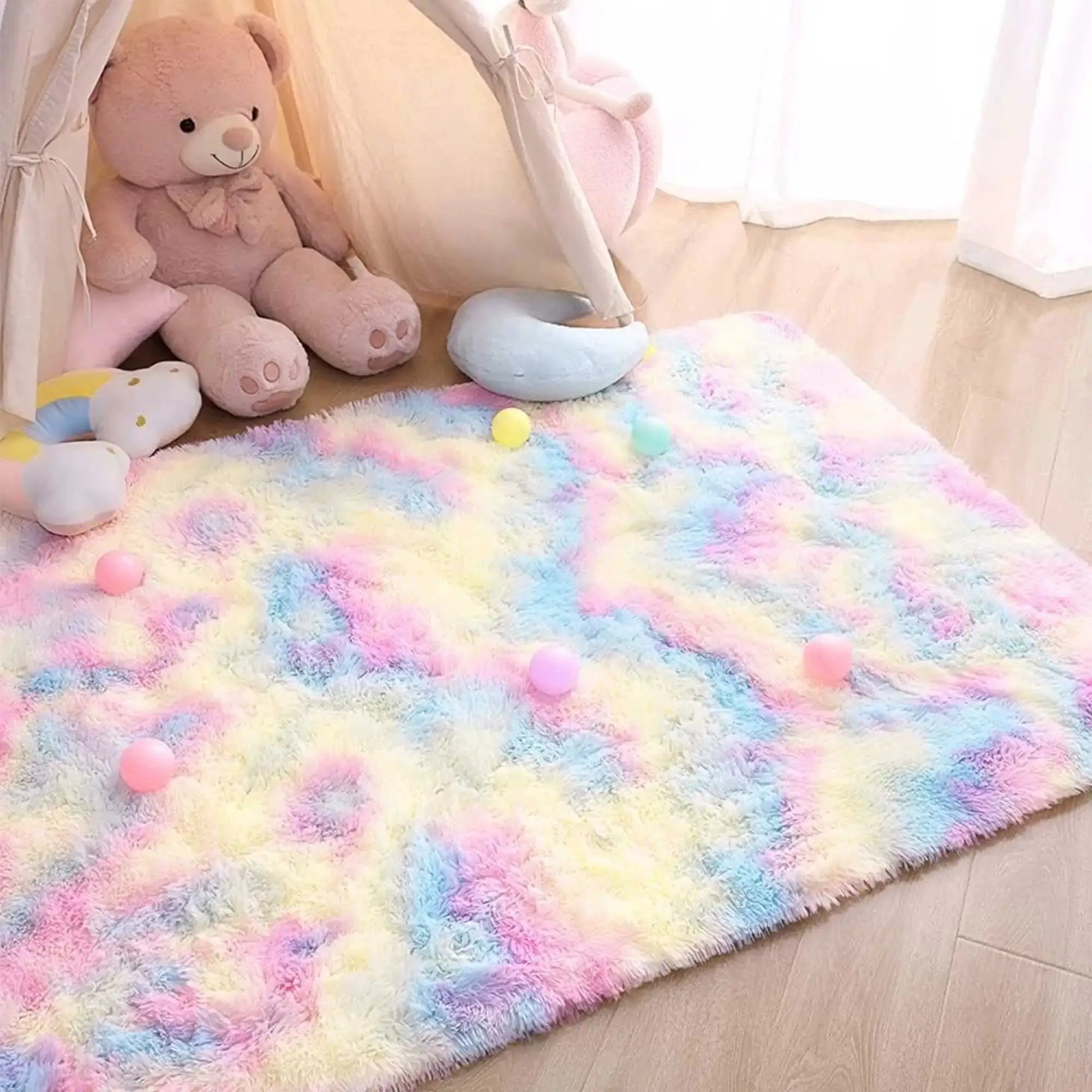 Kids rainbow pastel plush rug for kids' room, soft multi-color shag