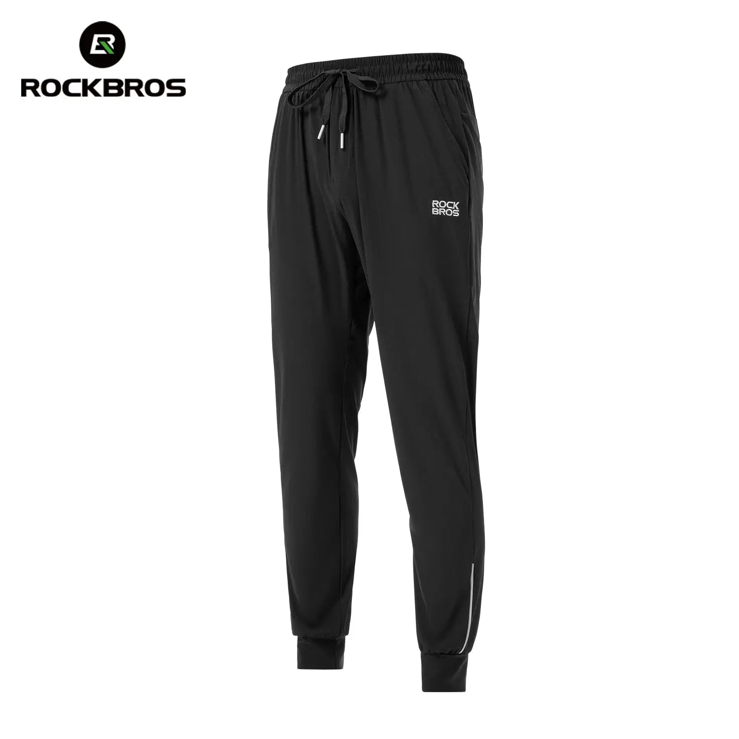 RockBros black athletic pants with drawstring waist, breathable lightweight fabric, logo on thigh