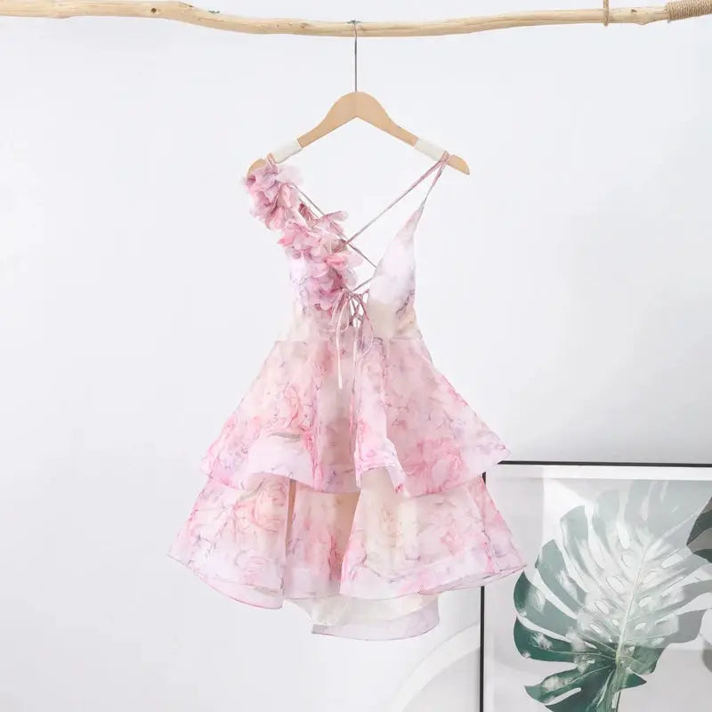 Floral Printed Backless Mini Dress Sleeveless A Line Party Clubwear