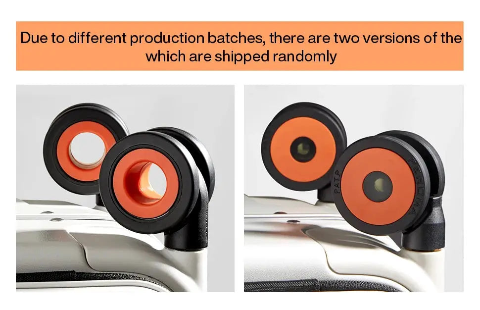 Mixi luggage trolley wheels with orange centers and black rims on a silver 20-inch carry-on; two wheel assemblies