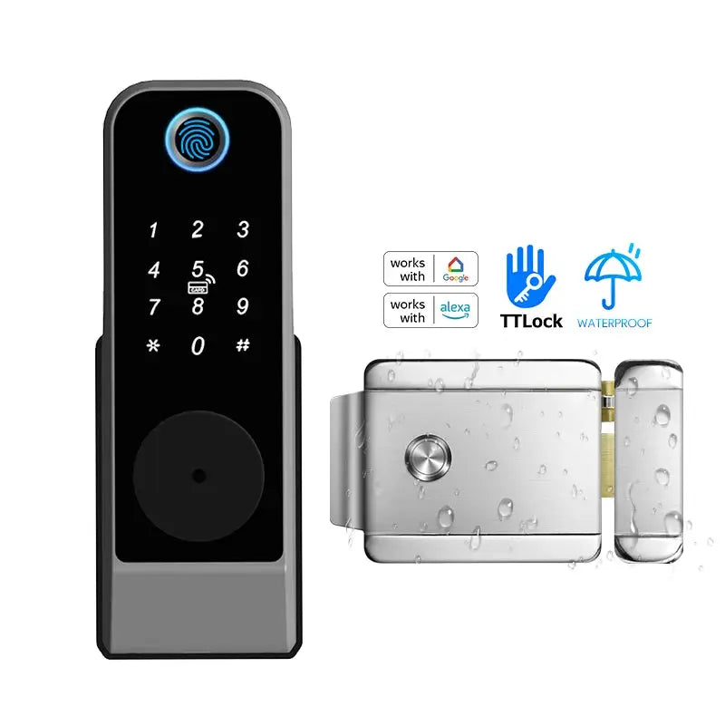 Fingerprint smart door lock with black touchscreen keypad, metal body; TTLock compatible, waterproof.