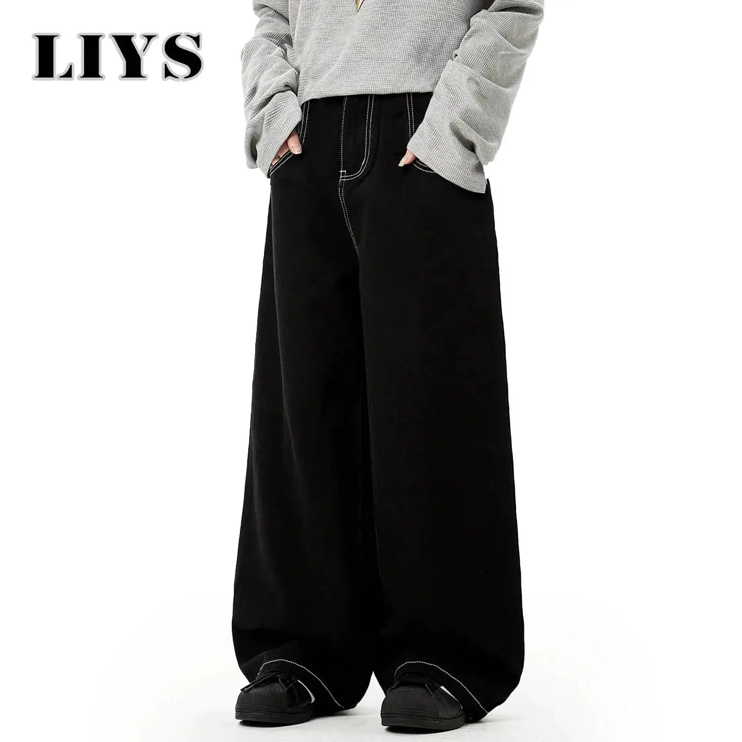 Men's black baggy wide-leg denim jeans with white topstitching for casual everyday wear