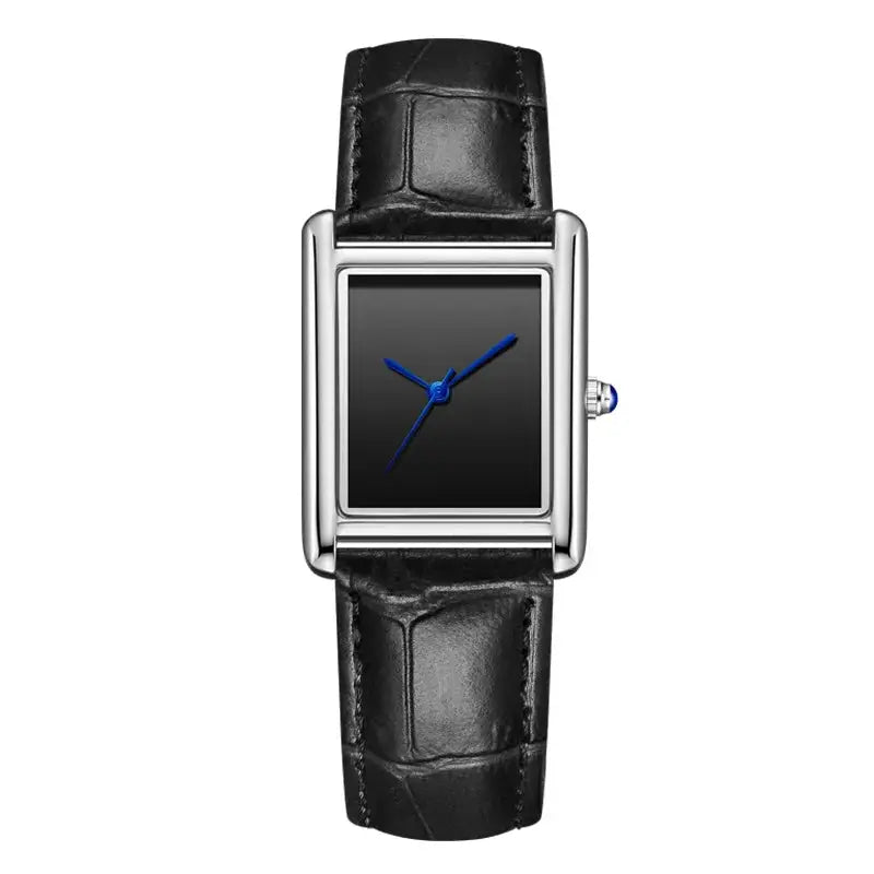 Simples Market rectangular wristwatch with black dial, blue hands, and black leather strap