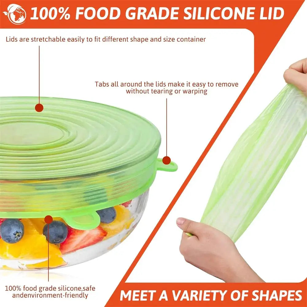 Six Piece Food Grade Silicone Preservation Covers Set Reusable Airtight Universal Fit Round Lids For Kitchen