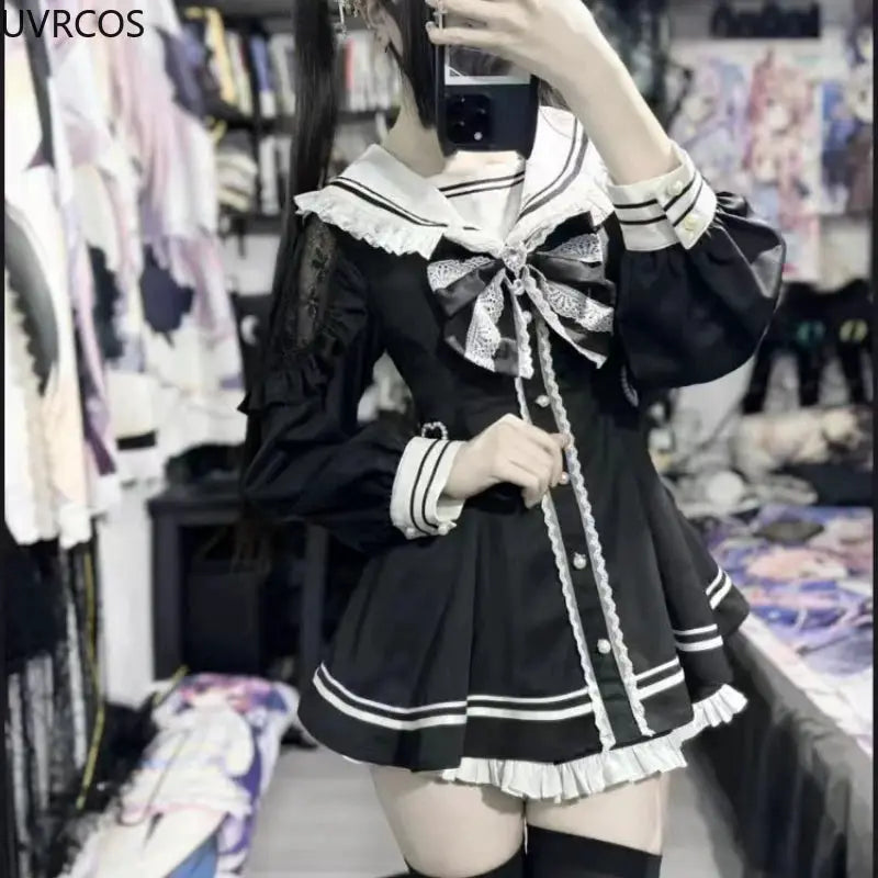 Japanese Style Gothic Y2K Lolita Bow Dress Set Women Long Sleeve