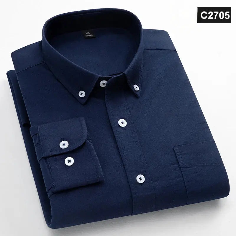 Men's navy blue 100% cotton long-sleeve shirt by Simples Market with button-down collar and single chest pocket