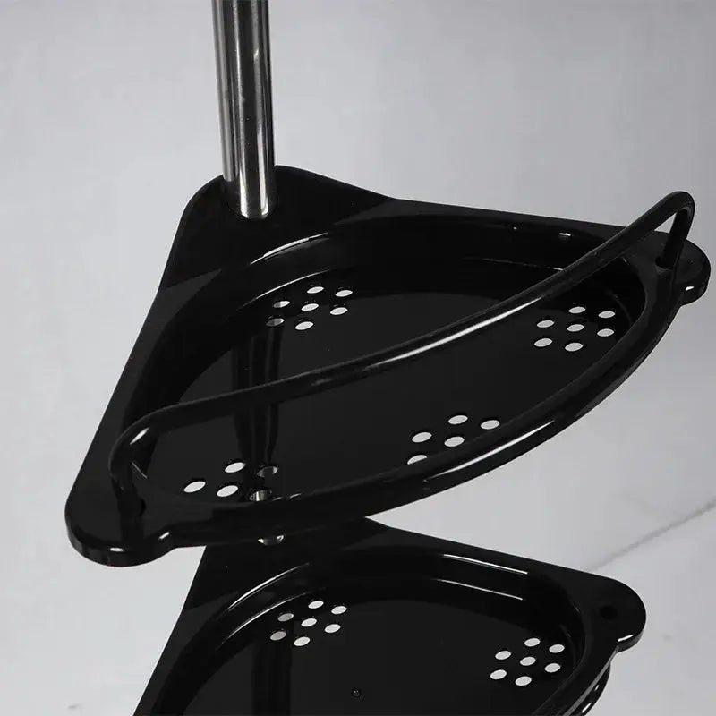 Stainless steel corner bathroom rack with black two-tier perforated shelves