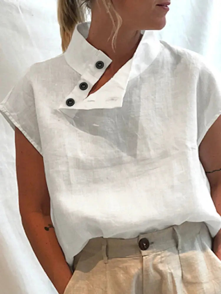ZANZEA Women Blouses Cotton Linen Summer Top Short Sleeve Tunic