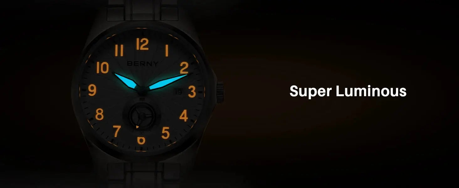 BERNY titanium automatic men's watch with super luminous blue hands and orange numerals