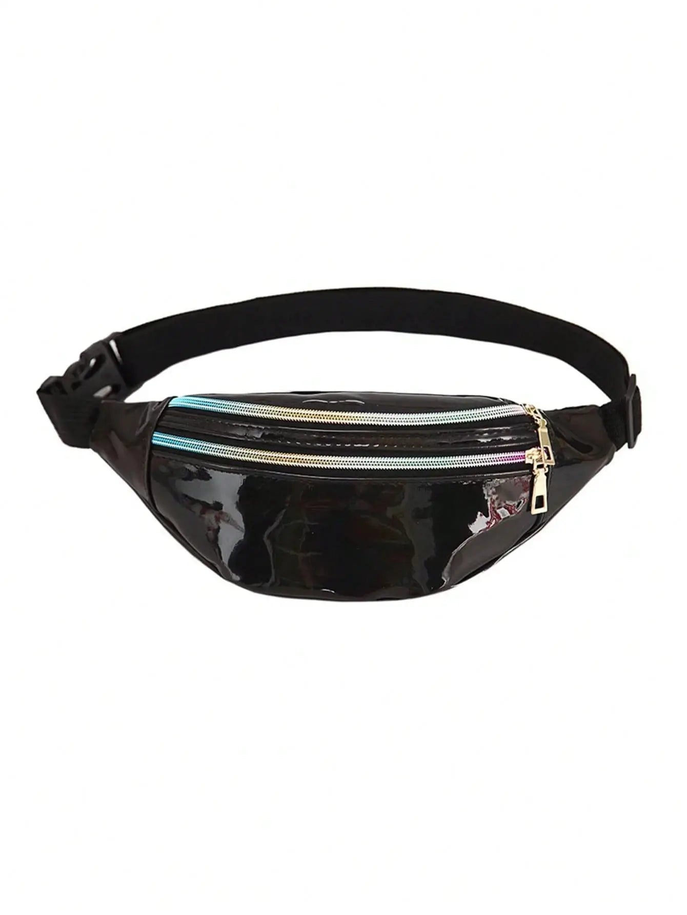 Waist bag black patent finish with dual gold zippers and adjustable strap