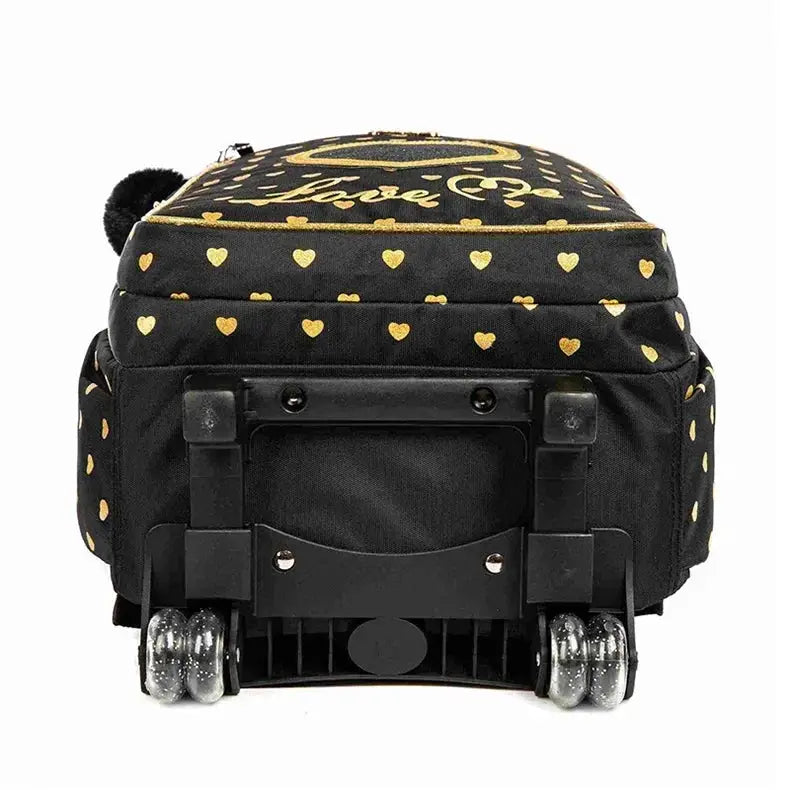 Children's black wheeled backpack with gold heart pattern and rolling wheels