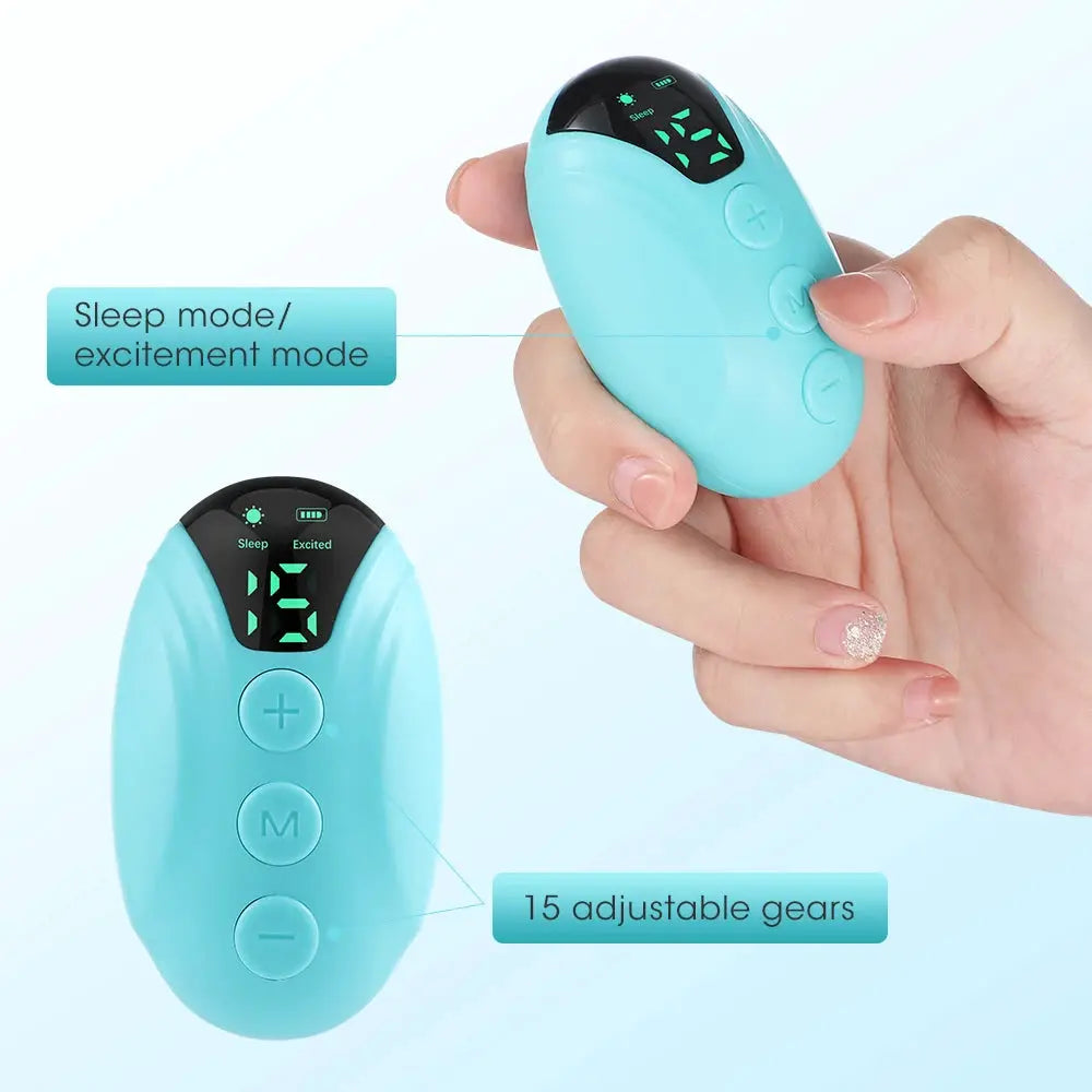 Turquoise handheld sleep-aid device with display showing Sleep/Excited modes; 15 adjustable gears.