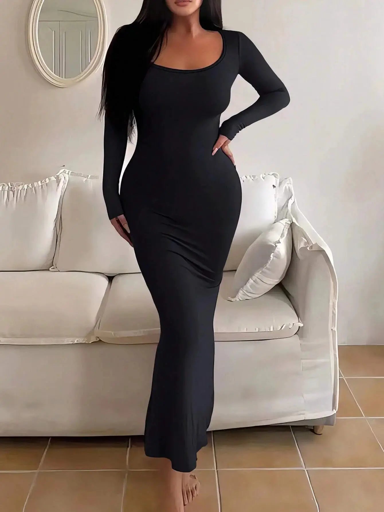 LuxeLine Womens Solid Long Sleeve Bodycon Dress With Square Neckline Ankle Length Silhouette And Stretch Fabric