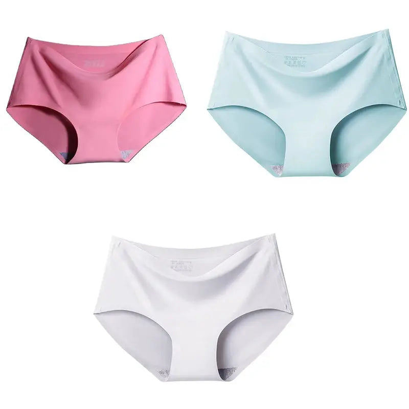 Women’s XXL seamless mid-waist panties 3-pack in pink, blue, and white; breathable ice-silk fabric.