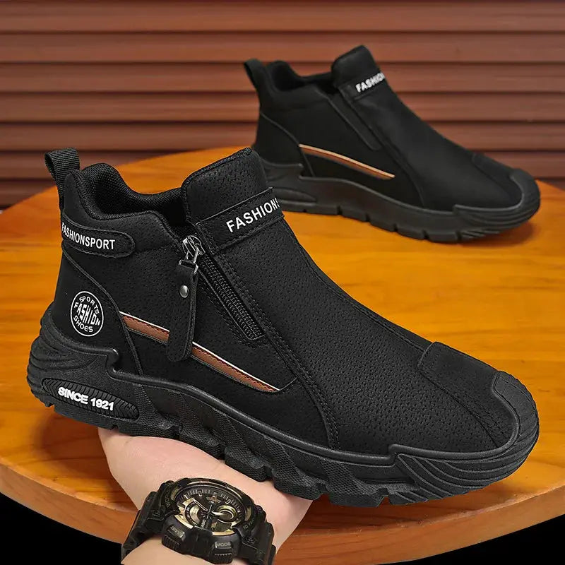 Men's black outdoor hiking sneakers by Simples Market with side zipper and rugged chunky sole