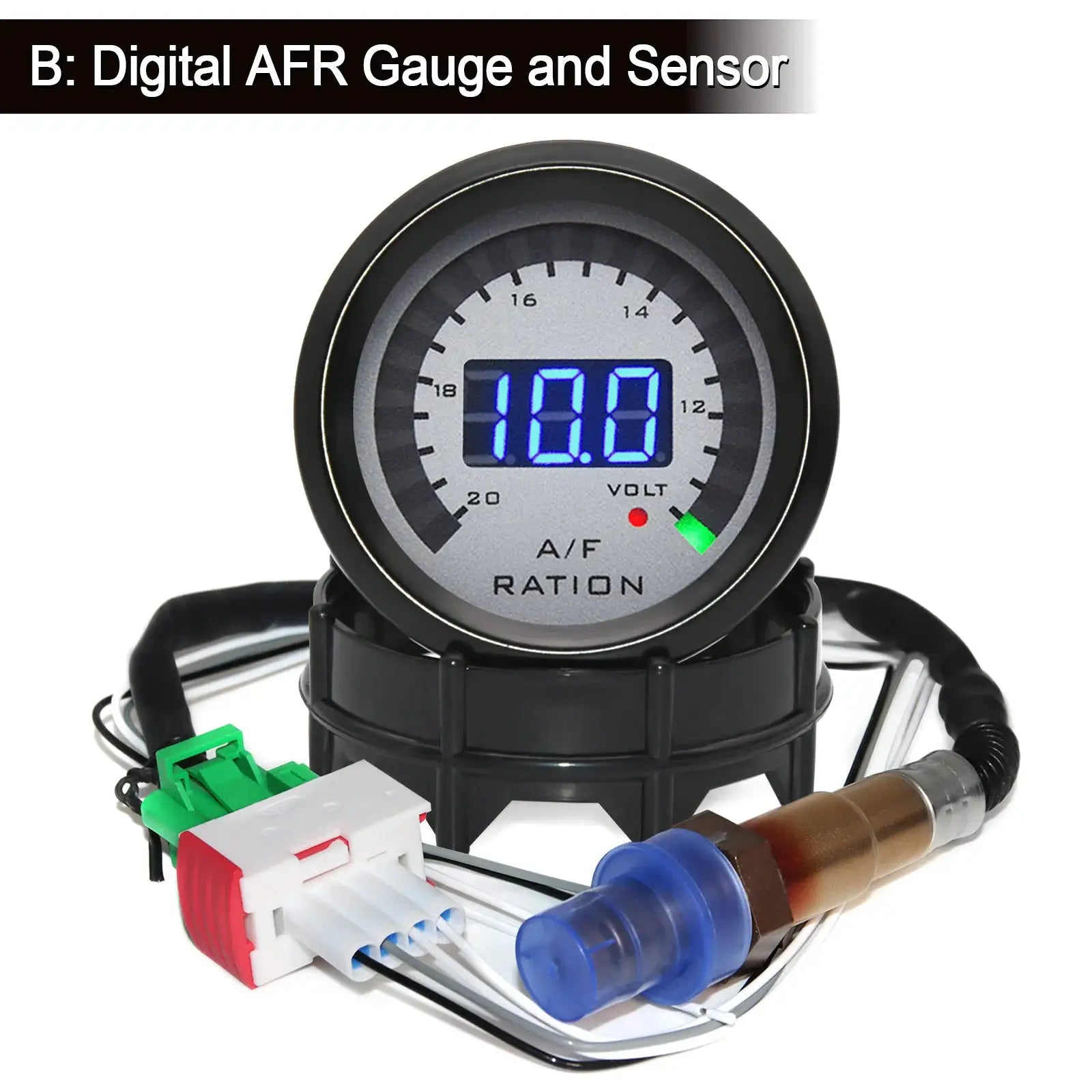 2'' 52mm Air/Fuel Ratio Gauge and Voltmeter for 12V vehicle with blue digital display and wiring harness
