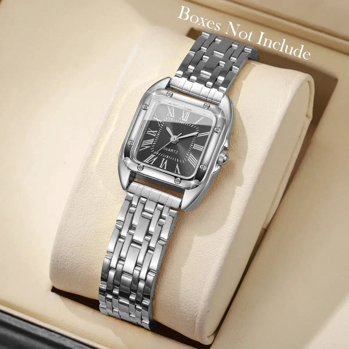 Luxury square women's quartz watch with silver stainless steel bracelet and black roman numeral dial