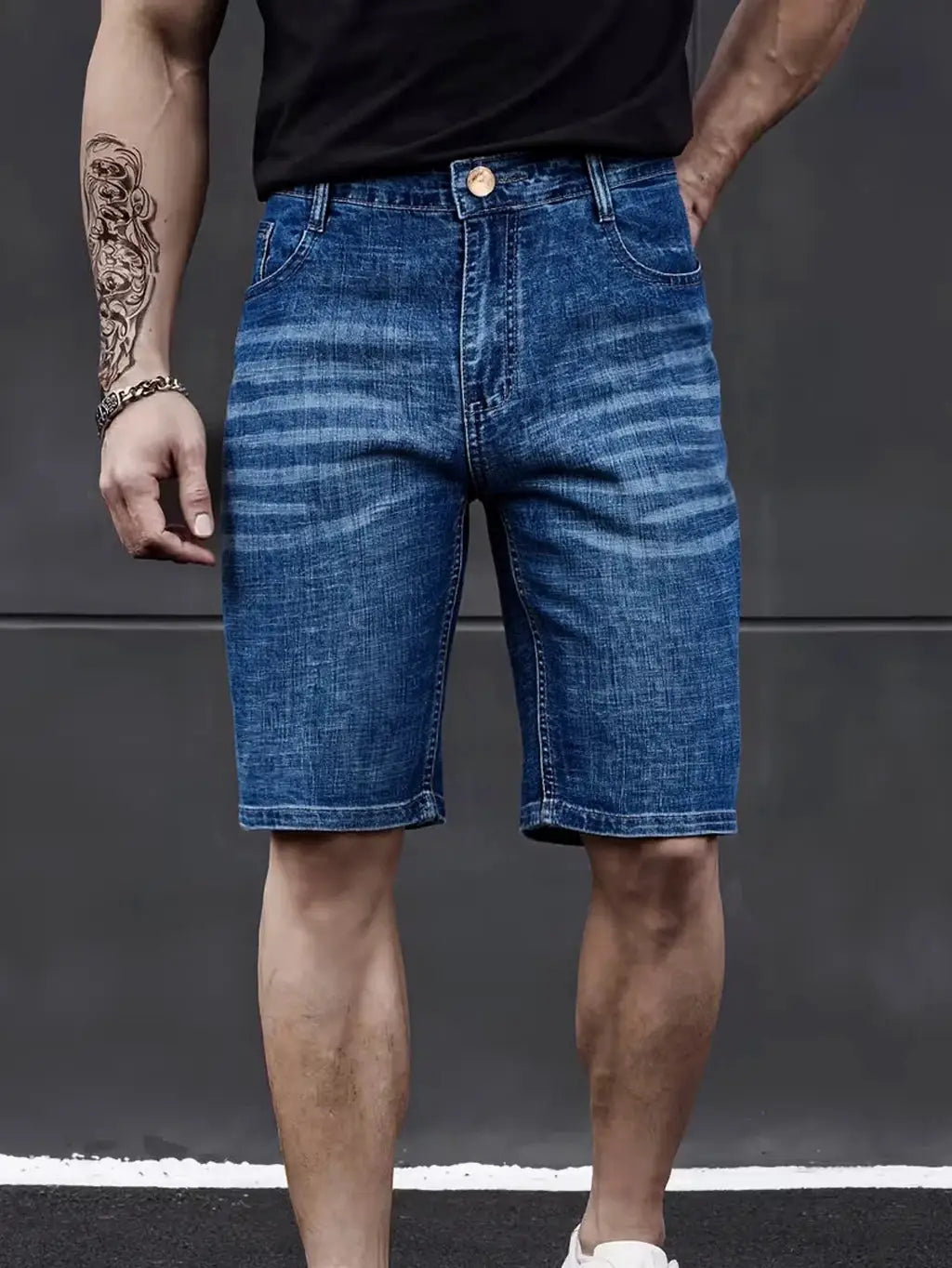 Men's blue denim knee-length shorts casual straight-stretch fit